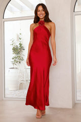 Admired By All Satin Halter Maxi Dress Red