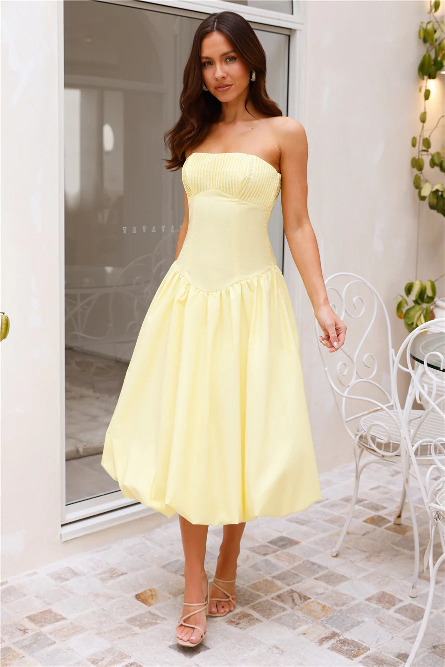 Adelaide Strapless Bubble Midi Dress Yellow