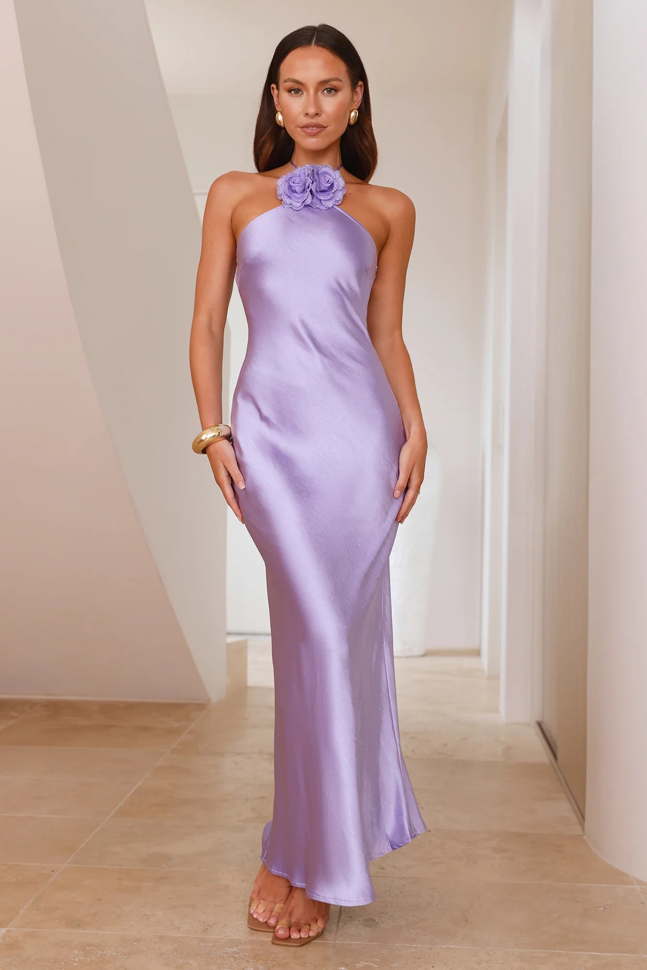 Admired By All Satin Halter Maxi Dress Lilac