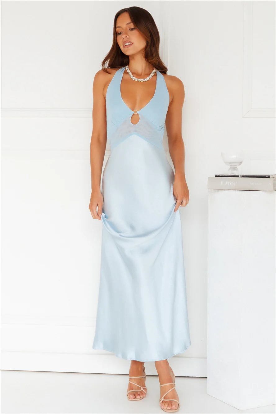 Attracting Fame Halter Satin Maxi Dress Blue